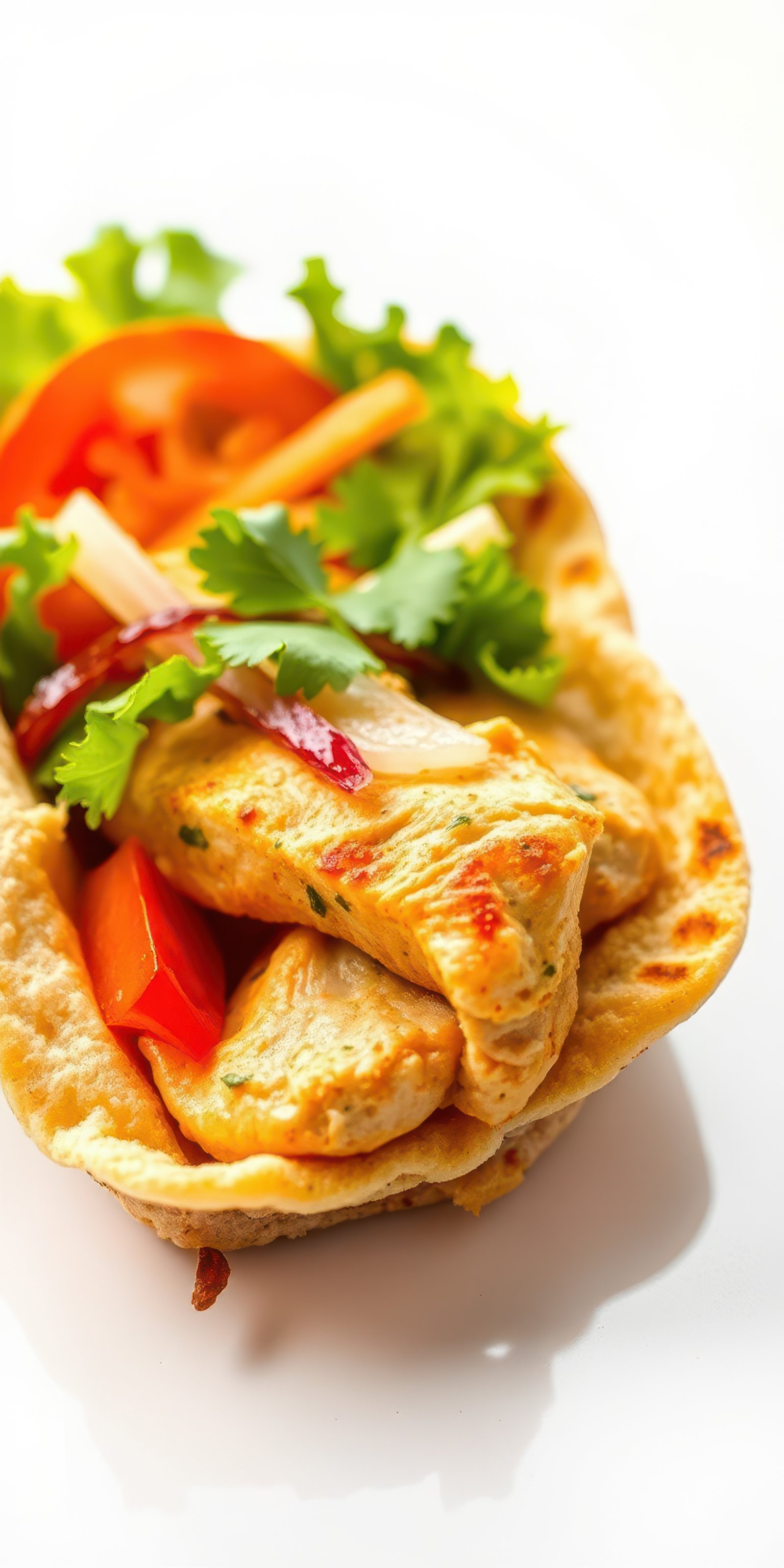 Savory chicken wrap with fresh vegetables and herbs served on a white plate
